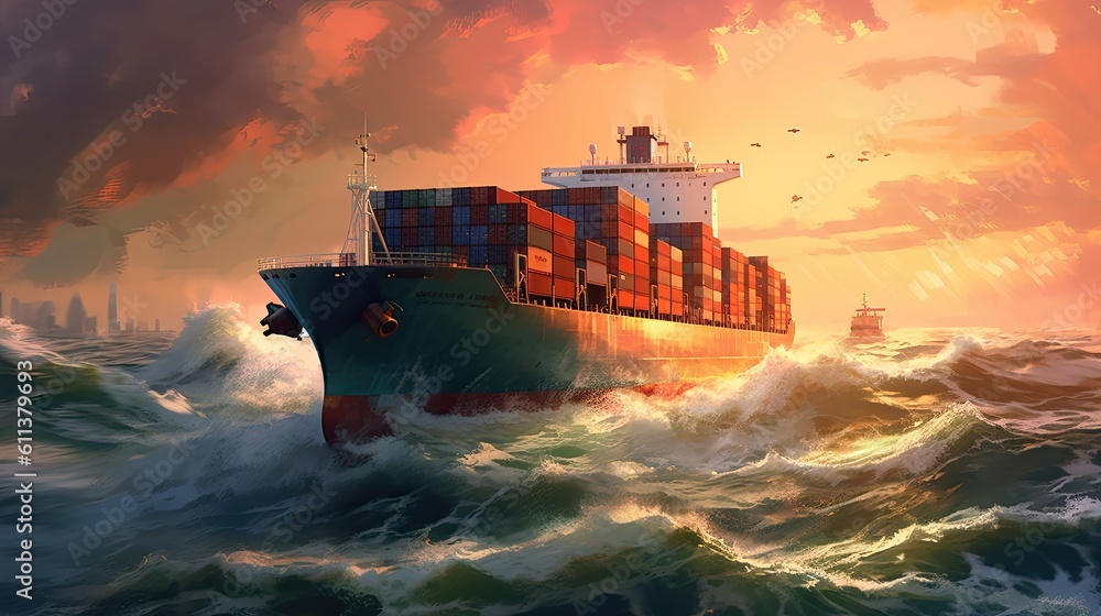 Cargo Ship. Container cargo ship in sea. Generative ai