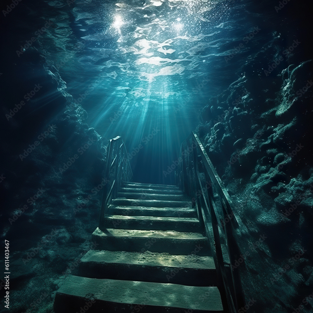 Rock cave with hole through which light shines underworlds. Deep water abstract natural backgrounds.