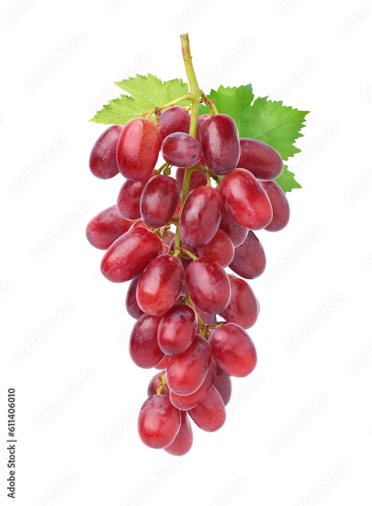 Red grape cluster with leaves isolated on white background.