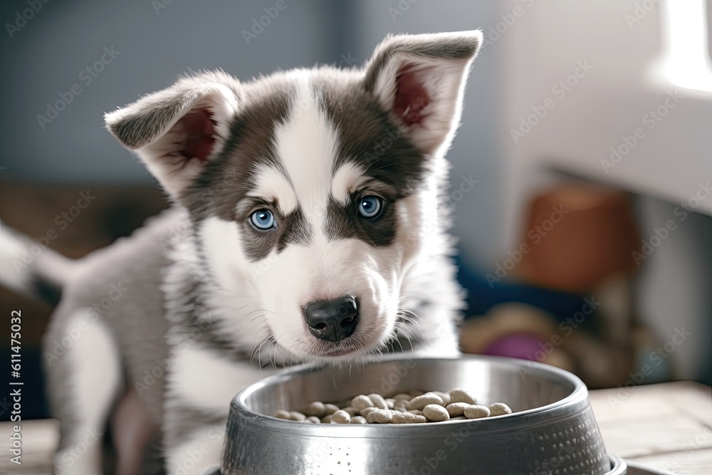 cute puppy enjoying a meal from a metal food bowl. Generative AI