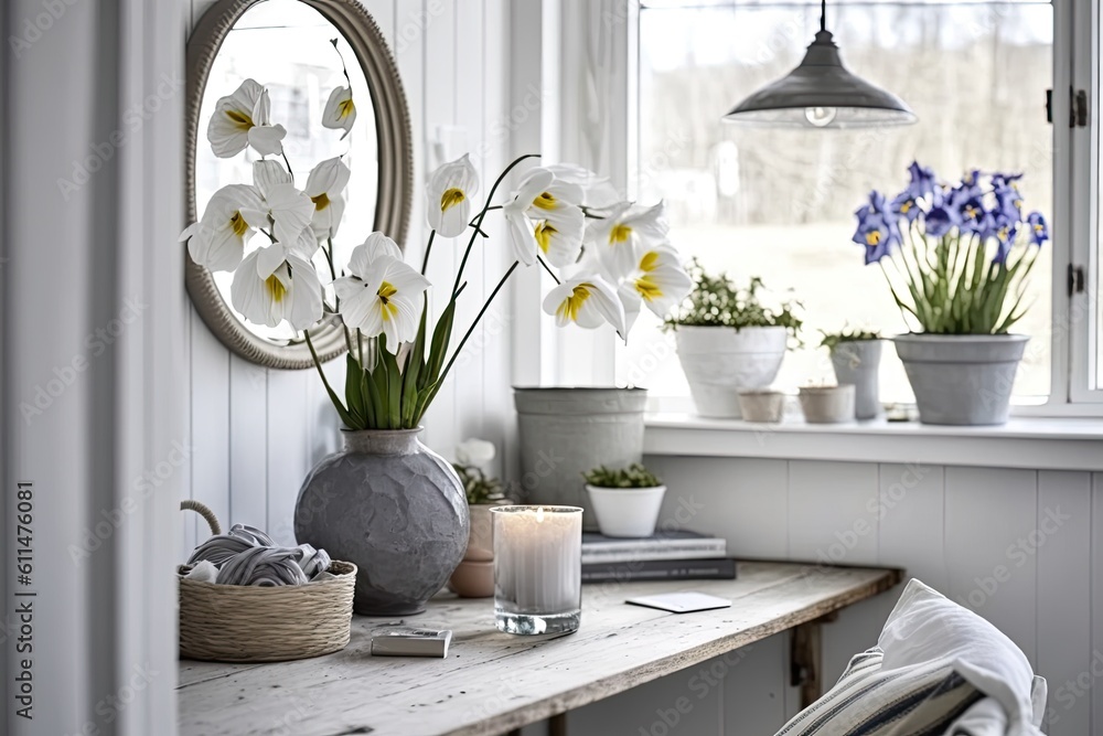 wooden table with an elegant vase filled with white flowers as the centerpiece. Generative AI