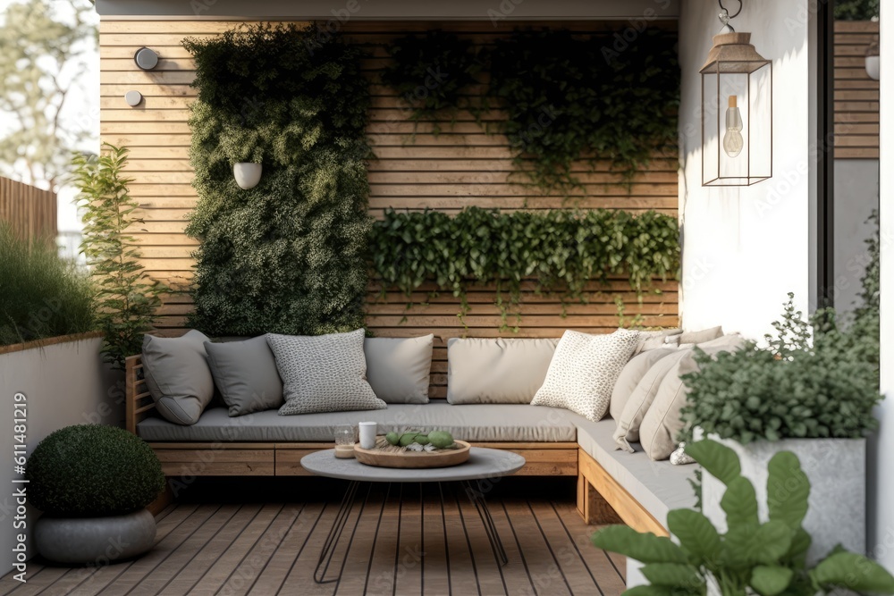 cozy outdoor patio with a comfortable couch, a wooden table, and green plants. Generative AI