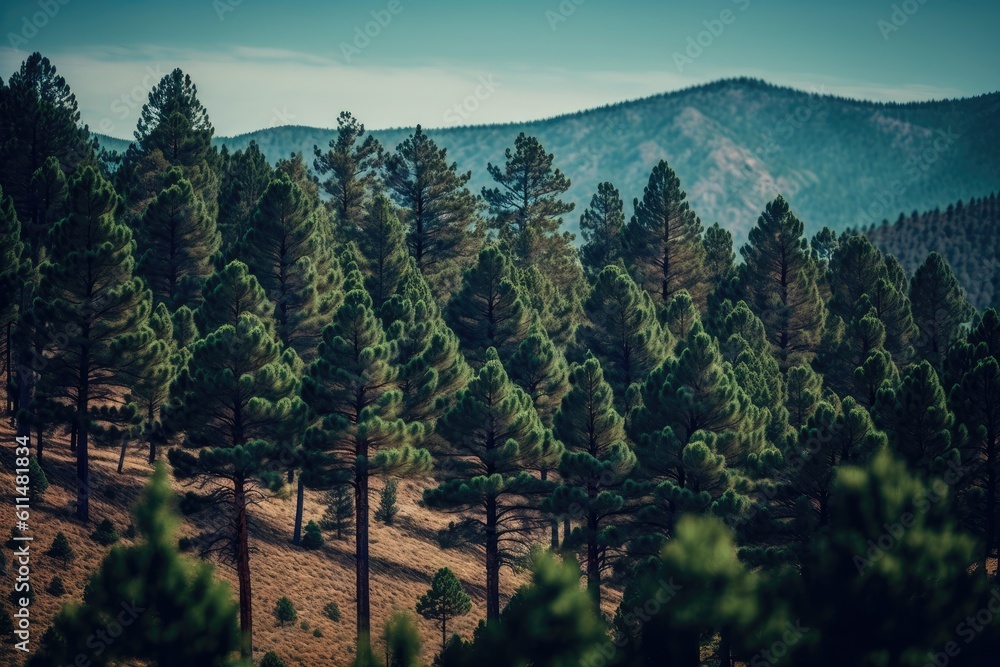 dense pine forest with towering trees. Generative AI