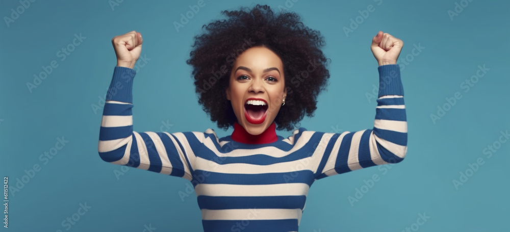 Young beautiful woman with hands up with delighted facial expression. Good news. Low price offer con