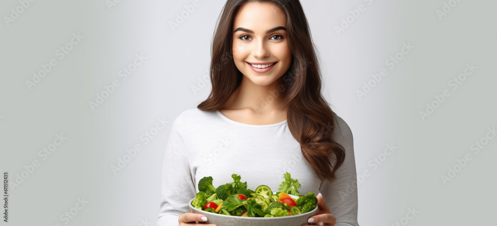 woman holding a bowl with salad against flat color background. Image generative AI.