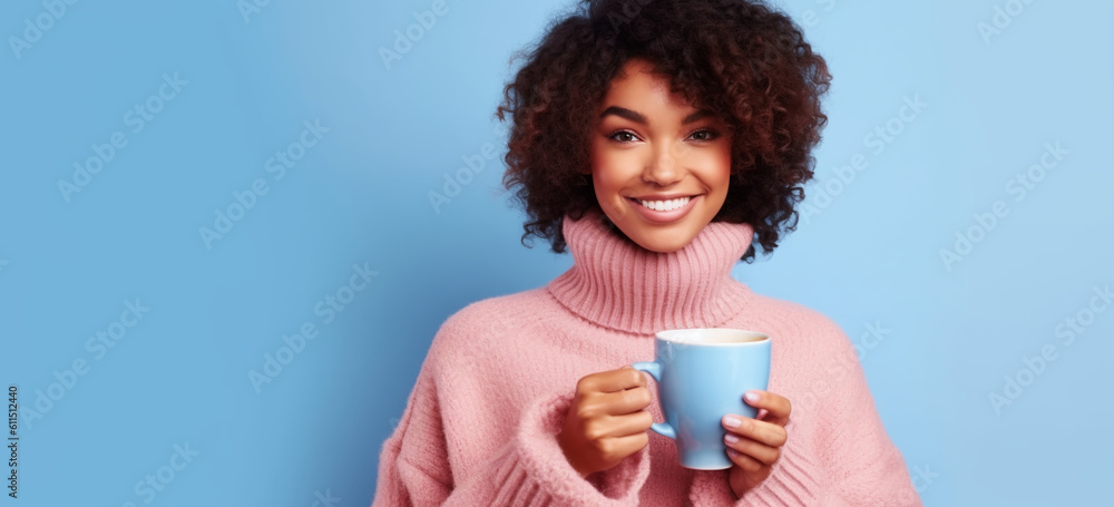 woman holding cup of coffee/tea/hot chocolate. Image generative AI.