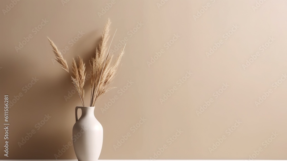 Vase with decorative dry plant branch against beige wall background. Minimalist interior mockup. Gen