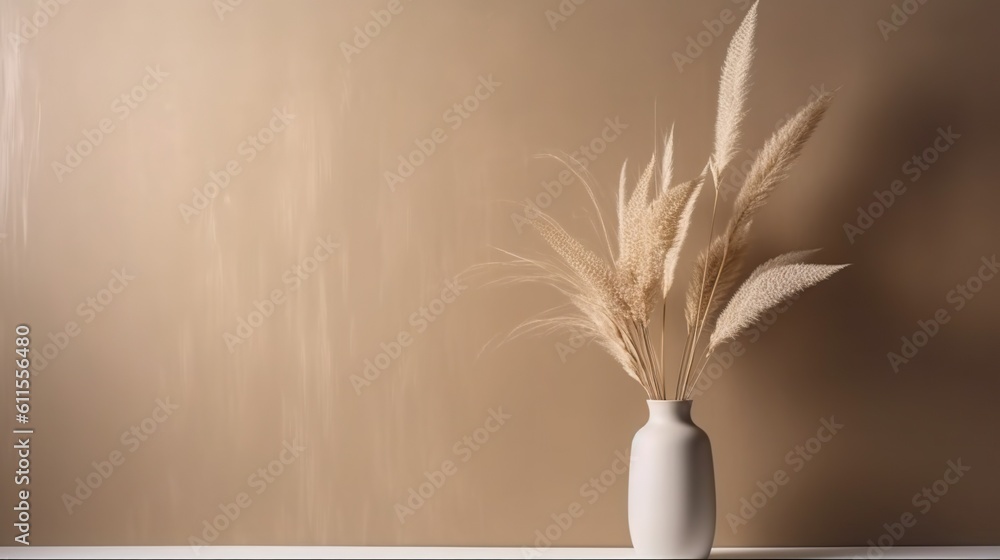 Vase with decorative dry plant branch against beige wall background. Minimalist interior mockup. Gen