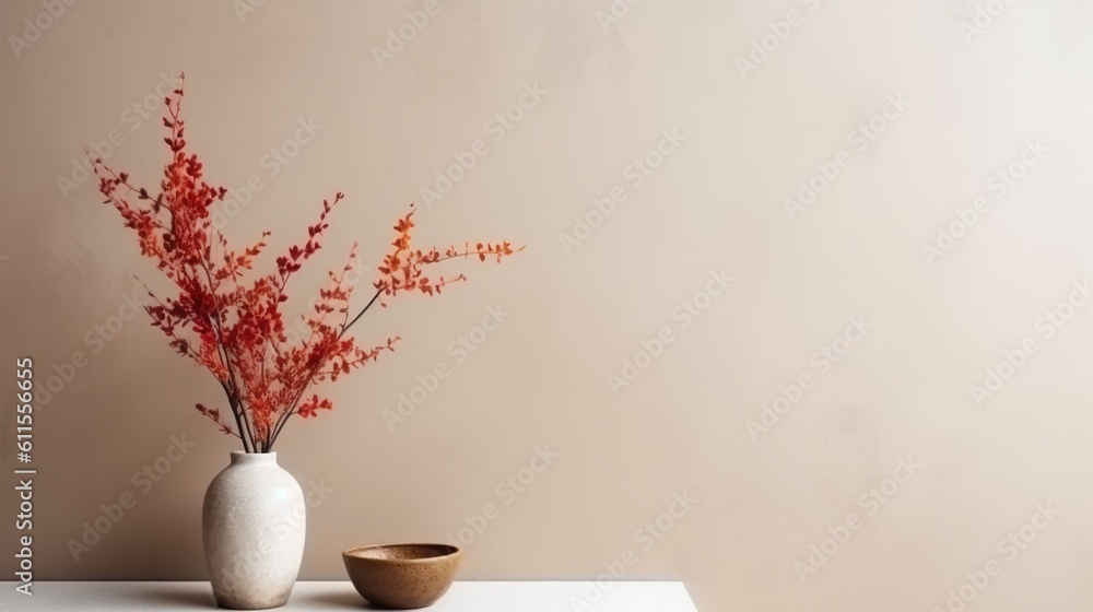 Vase with decorative dry plant branch against beige wall background. Minimalist interior mockup. Gen