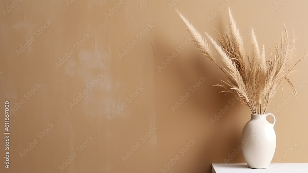 Vase with decorative dry plant branch against beige wall background. Minimalist interior mockup. Gen