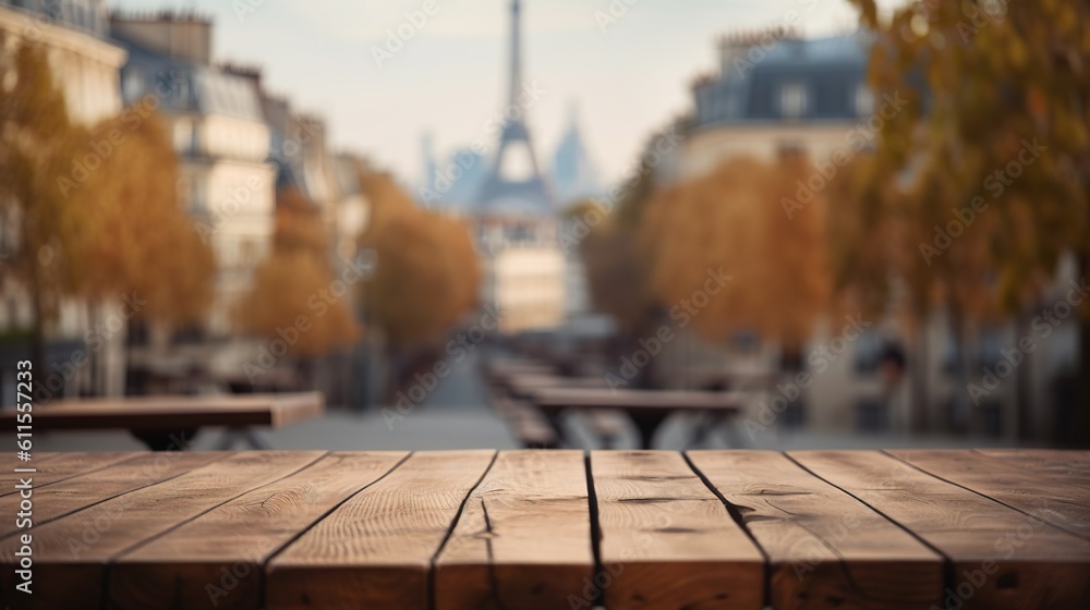 Wood table mockup with Paris city street in shallow depth of field. Copy space for product. Generati