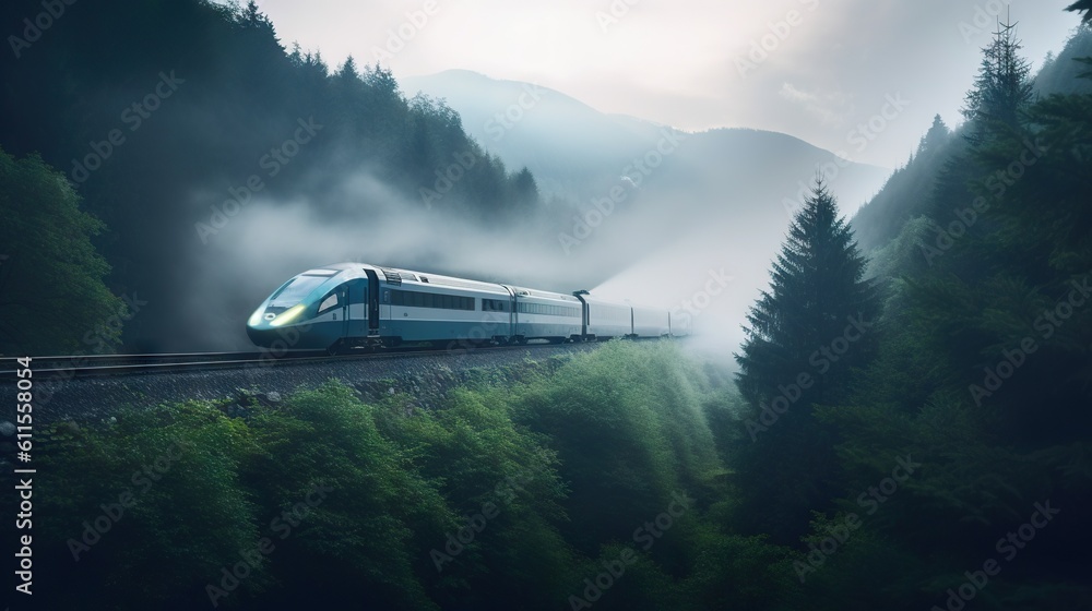 Speed passenger train moving in the mist mountains covered with forest. Generative AI