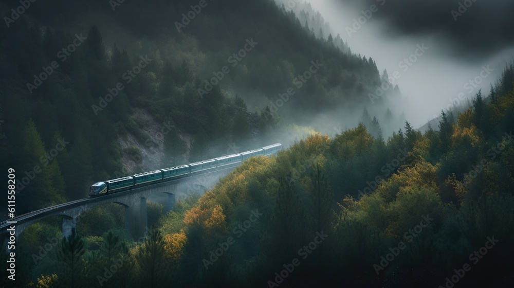 Speed passenger train moving in the mist mountains covered with forest. Generative AI