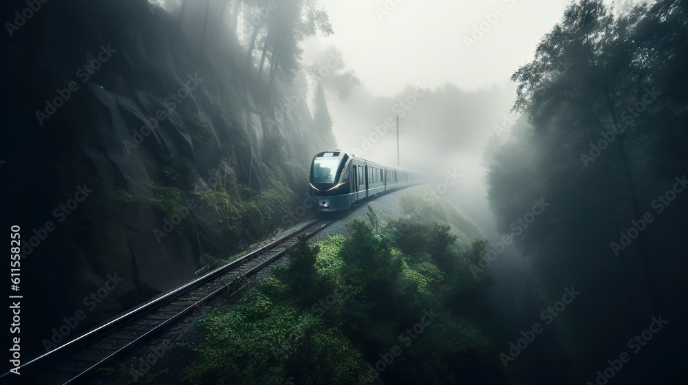 Speed passenger train moving in the mist mountains covered with forest. Generative AI