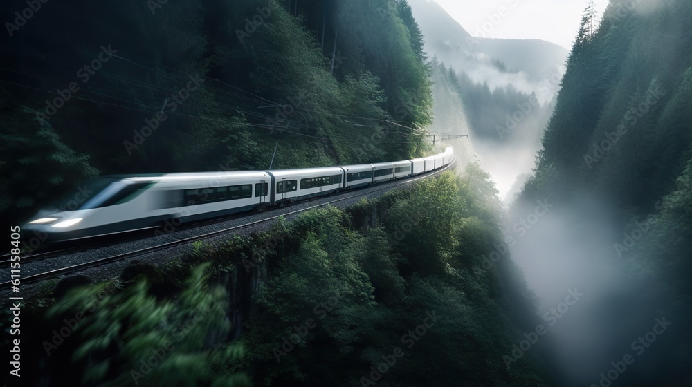 Speed passenger train moving in the mist mountains covered with forest. Generative AI