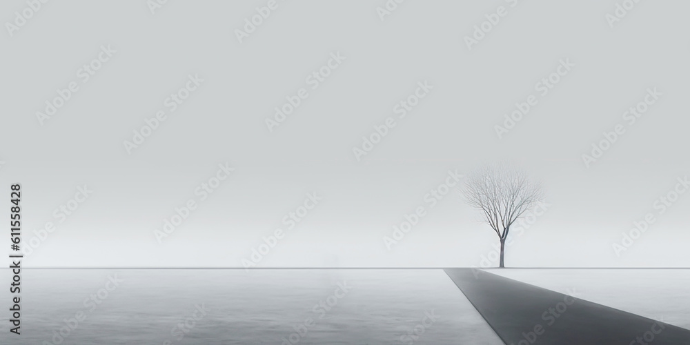 Minimalistic loneliness concept. Alone tree on the snow ground. Generative AI