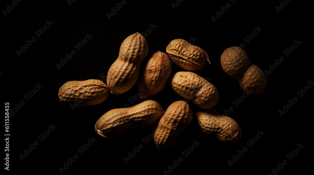 Many roasted peanuts on dark background. Food Backdrop. Generative AI