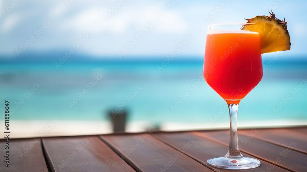 Superman cocktail on background with blue sea and sky tropical background. Generative AI