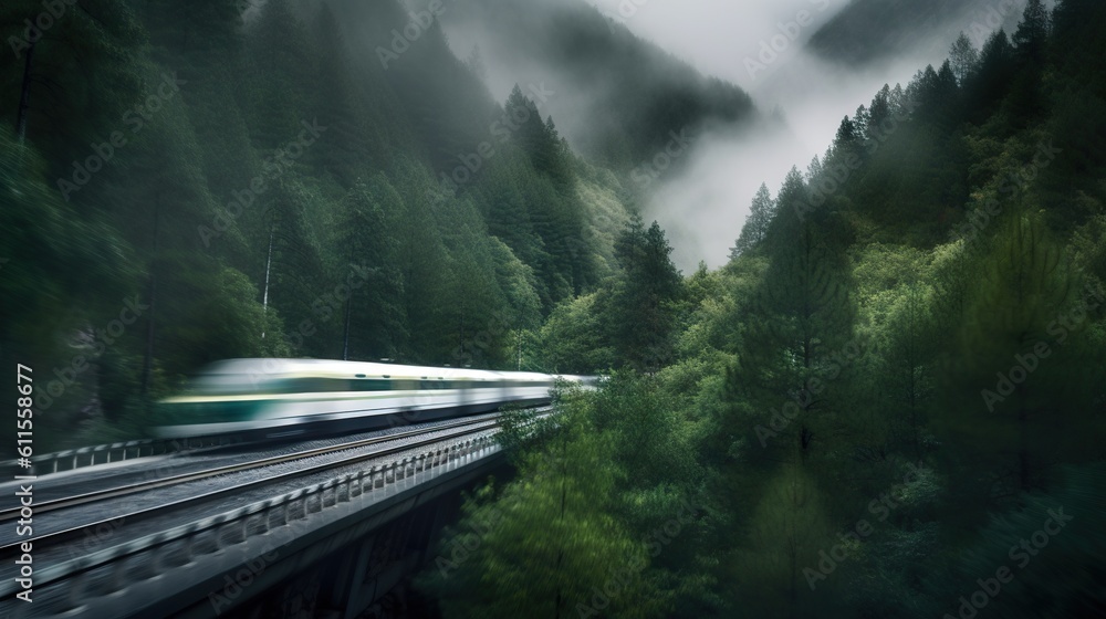 Speed passenger train moving in the mist mountains covered with forest. Generative AI