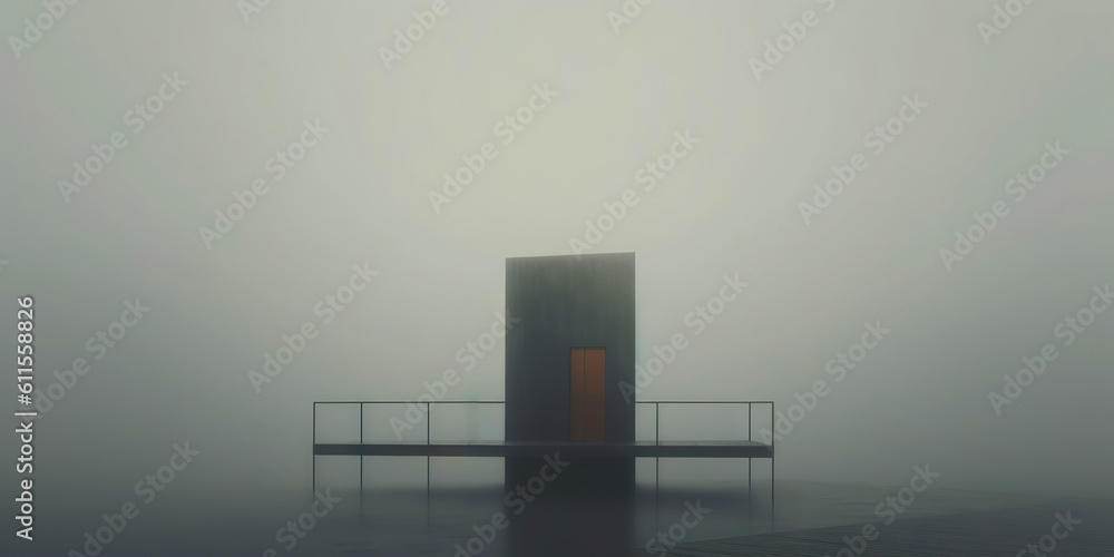 Minimalistic loneliness concept. Small concrete house in the water of misty lake. Generative AI