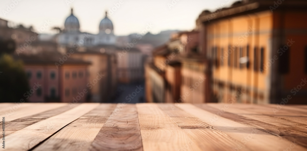 Wood table mockup with Rome city street in shallow depth of field. Copy space for product. Generativ