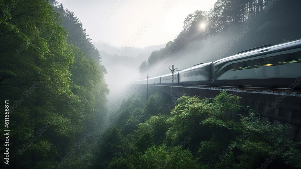 Speed passenger train moving in the mist mountains covered with forest. Generative AI