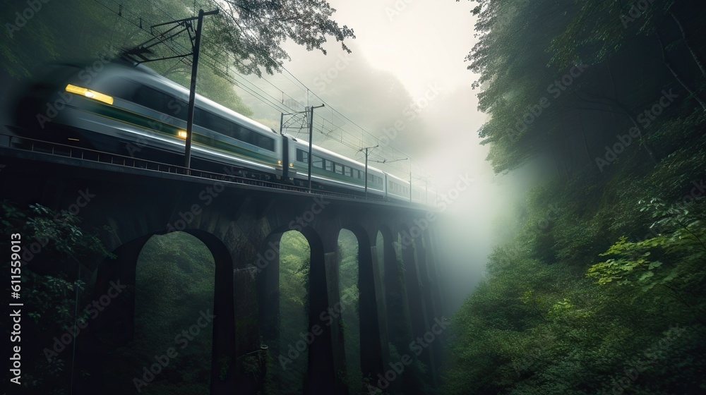 Speed passenger train moving in the mist mountains covered with forest. Generative AI