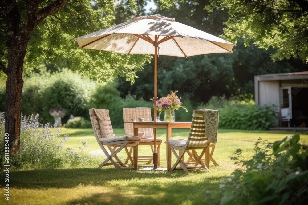 Cafe table with chair and parasol umbrella in the garden. Generative AI