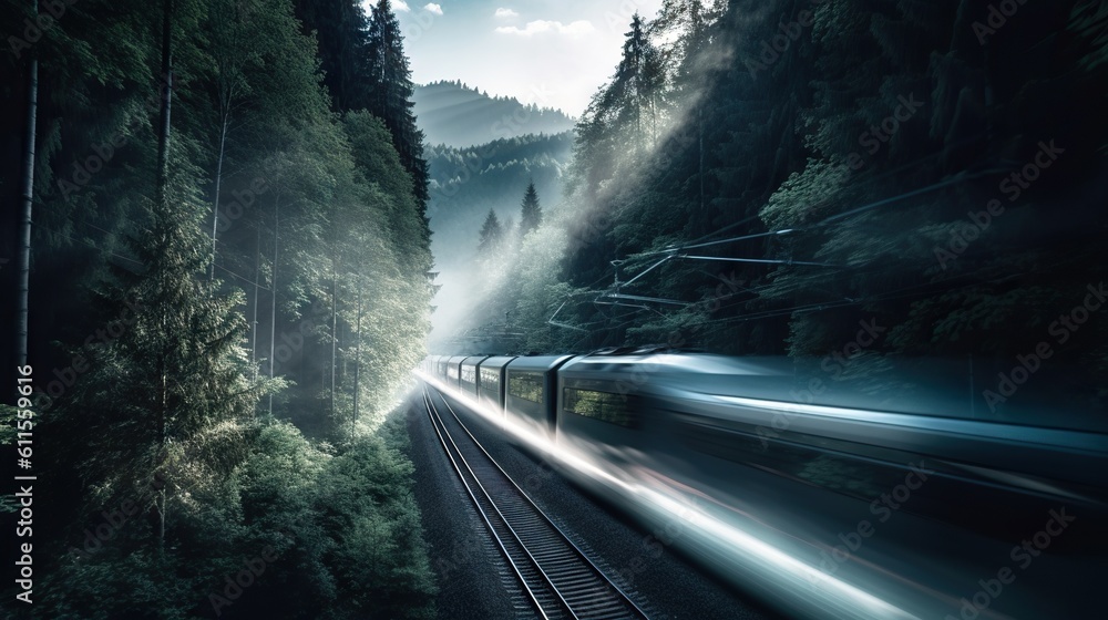 Speed passenger train moving in the mist mountains covered with forest. Generative AI