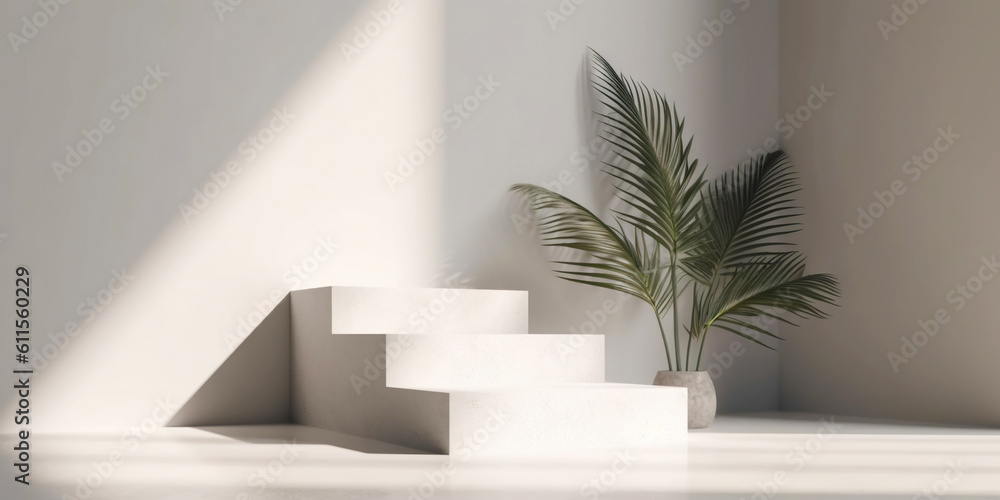 White product display podium with nature palm leaves. Generative AI