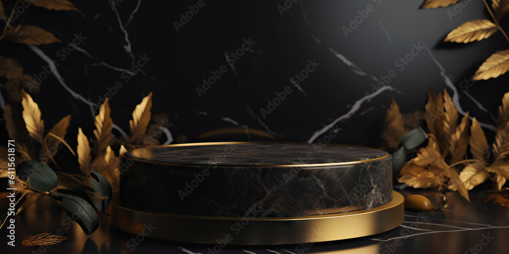 Podium made of black marble with gold, pedestal or platform. Advertising scene. Blank product stand.