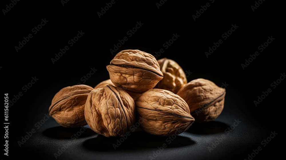 Walnuts with and without shells filling the view on dark background. Top view of fresh walnuts. Gene