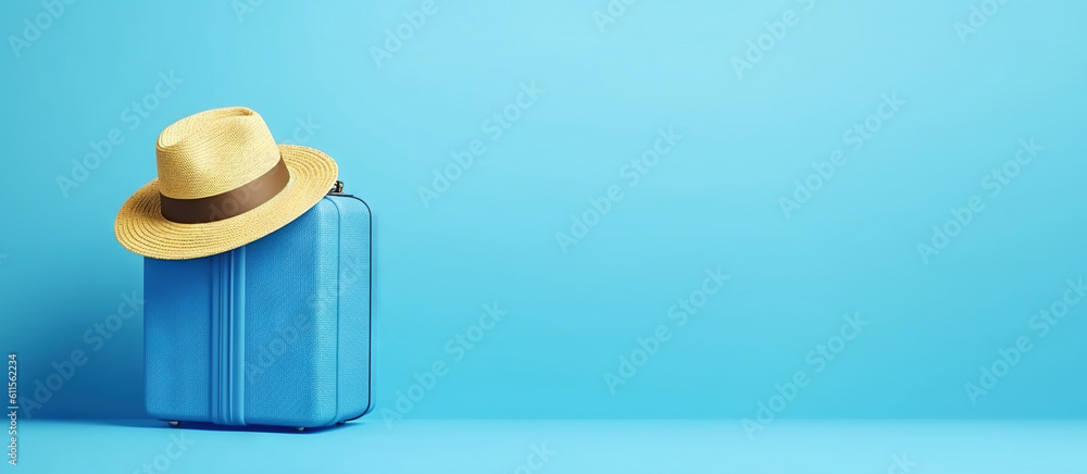 Blue travel suitcase with wheels, straw hat, on uniform blue background. Trip concept. Generative AI