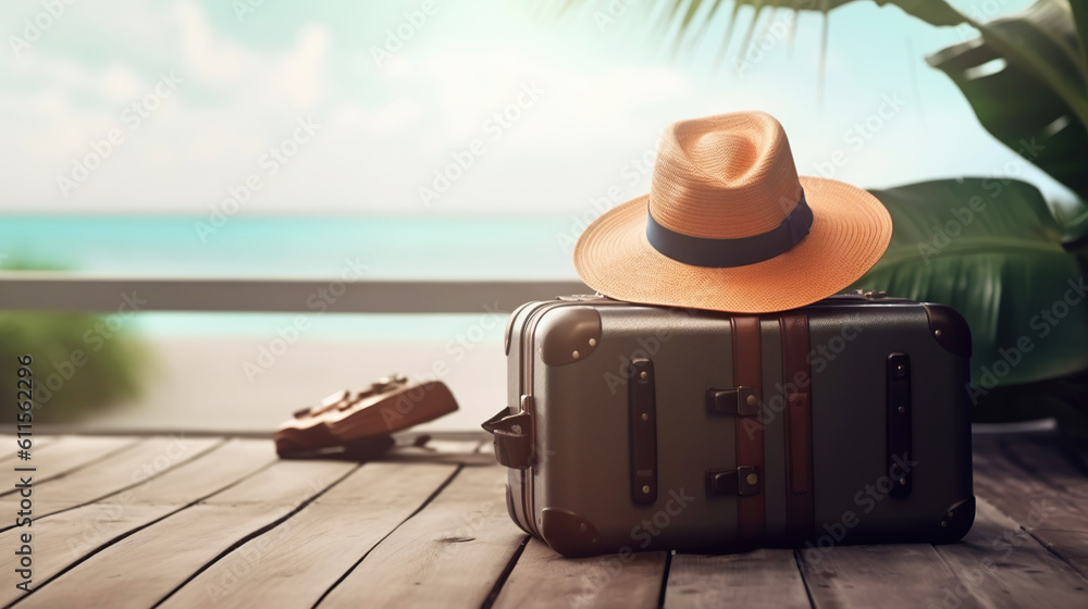 Suitcase, hat and accessories on the wooden floor with a sea background. Travel concept. Generative 