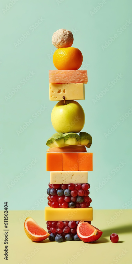 Equilibrium food balance diet concept. Balancing pyramid or tower of fruits. Generative AI