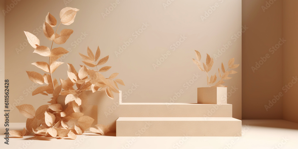 Beige podium for product display presentation. Sandstone and sandy colored plants. Generative AI