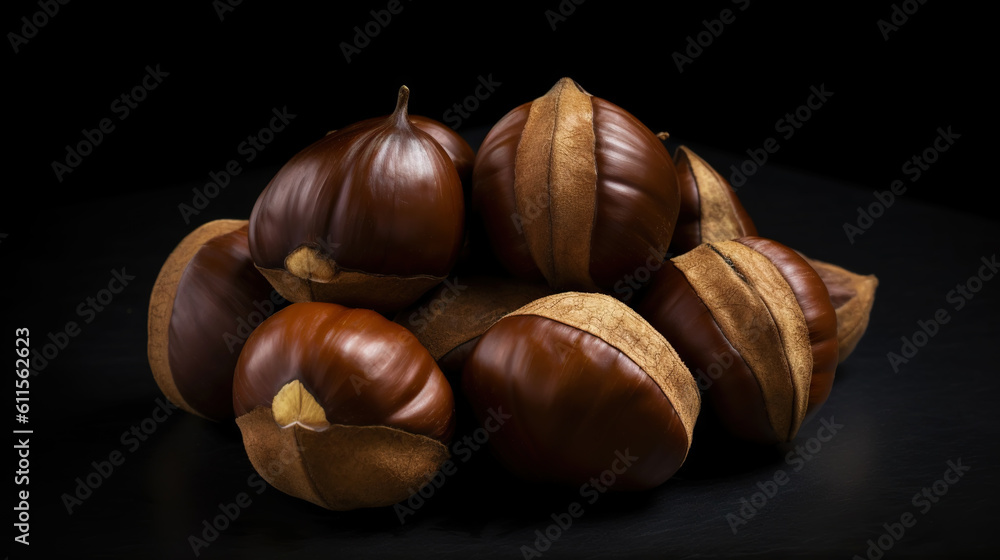 Top view on heap of chestnuts on dark backdrop. Pile of ripe chestnuts for food background. Generati