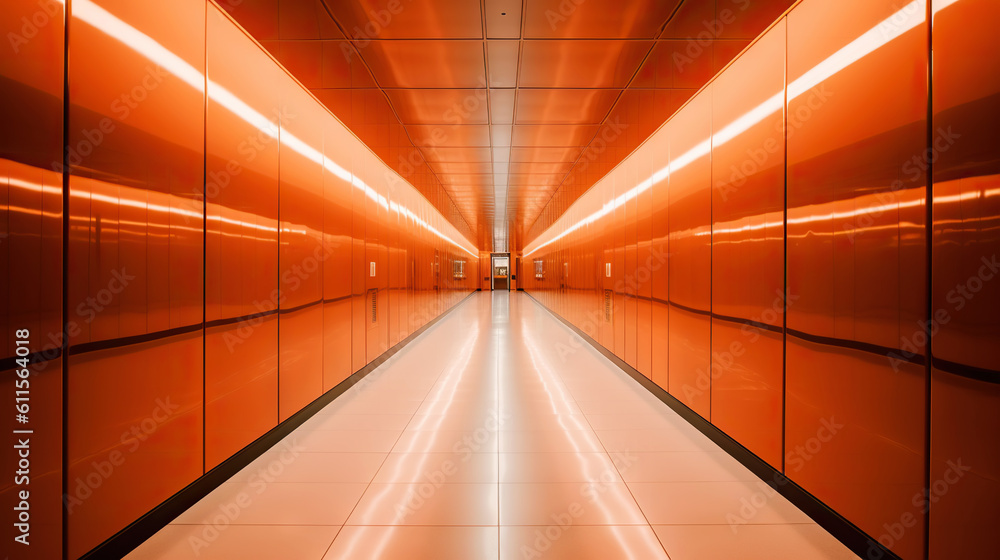 Orange abstract futuristic tunnel with neon lines. Generative AI