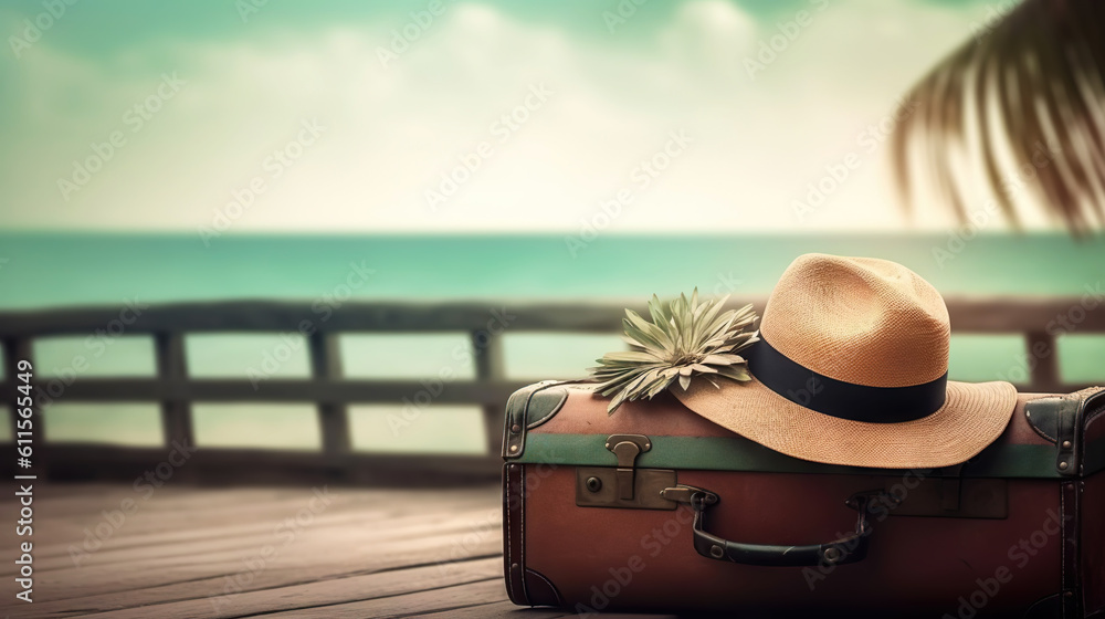 Suitcase, hat and accessories on the wooden floor with a sea background. Travel concept. Generative 