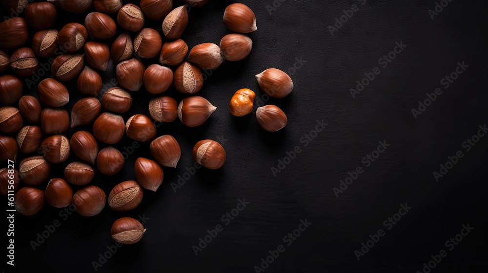 Large group og Hazelnuts on dark backdrop. Food background. Generative AI