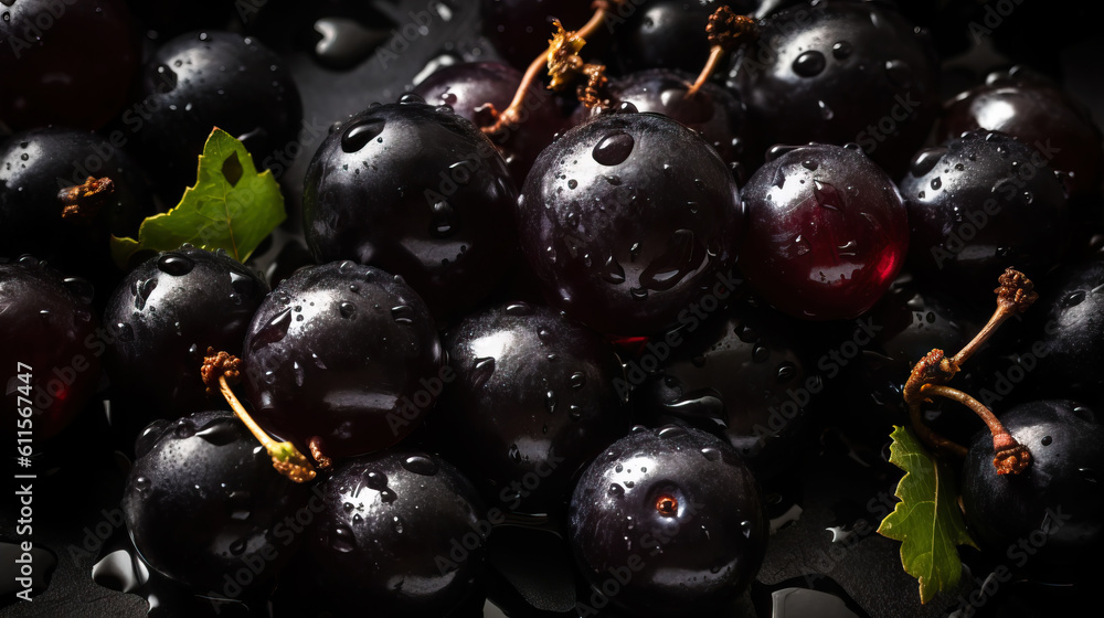 Fresh ripe blackcurrant with water drops background. Berries backdrop. Generative AI