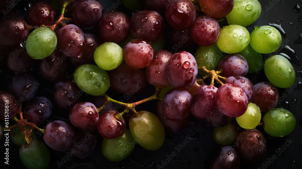 Fresh ripe grapes with water drops background. Berries backdrop. Generative AI