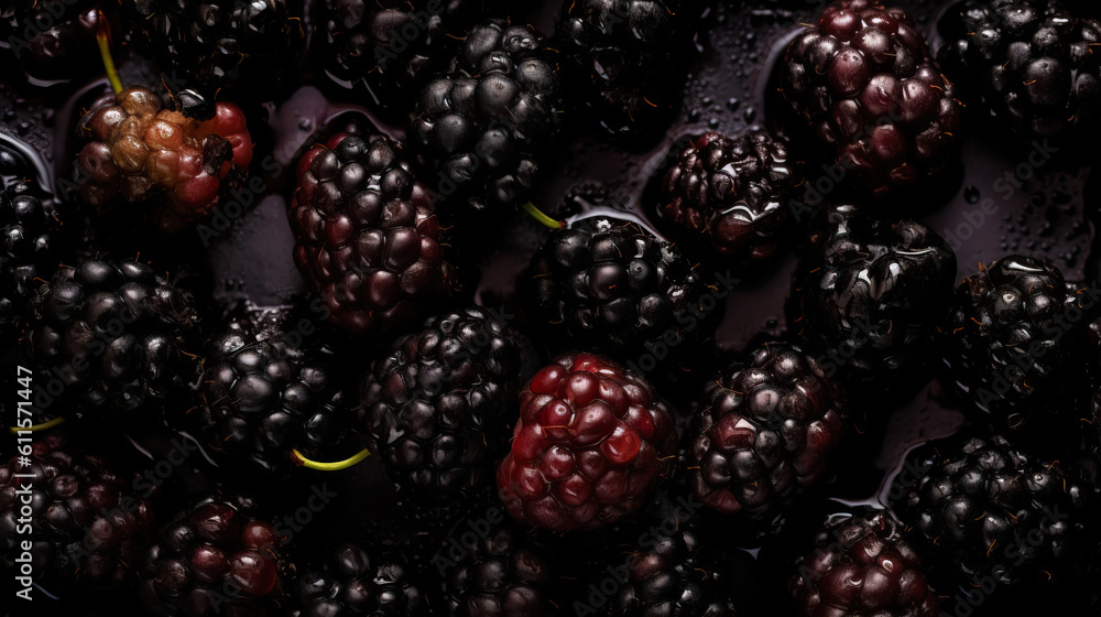 Fresh ripe blackberries with water drops background. Berries backdrop. Generative AI