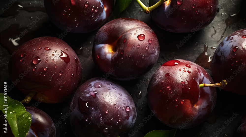 Fresh ripe plums with water drops background. Fruits backdrop. Generative AI