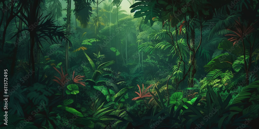 Deep tropical jungles. Dense forest landscape. Generative AI