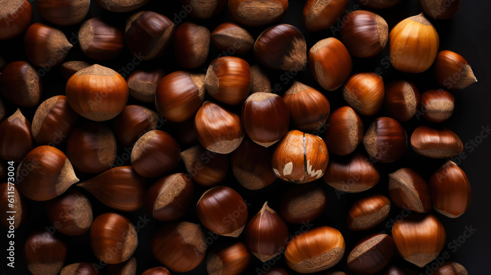 Top view on heap of chestnuts. Pile of ripe chestnuts for food background. Generative AI