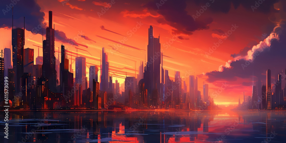 Panoramic cityscape in cyberpunk futuristic style. Towering skyscrapers in neon retrowave colors. Ge