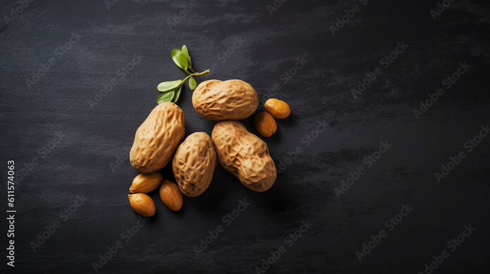 Many roasted peanuts on dark background. Food Backdrop. Generative AI