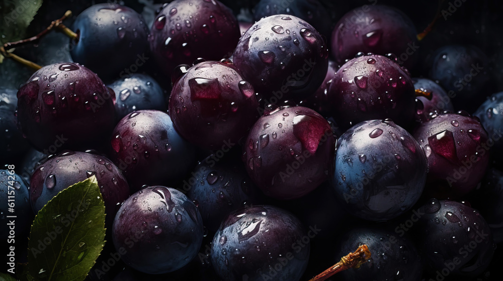 Fresh ripe acai berries with water drops background. Berries backdrop. Generative AI