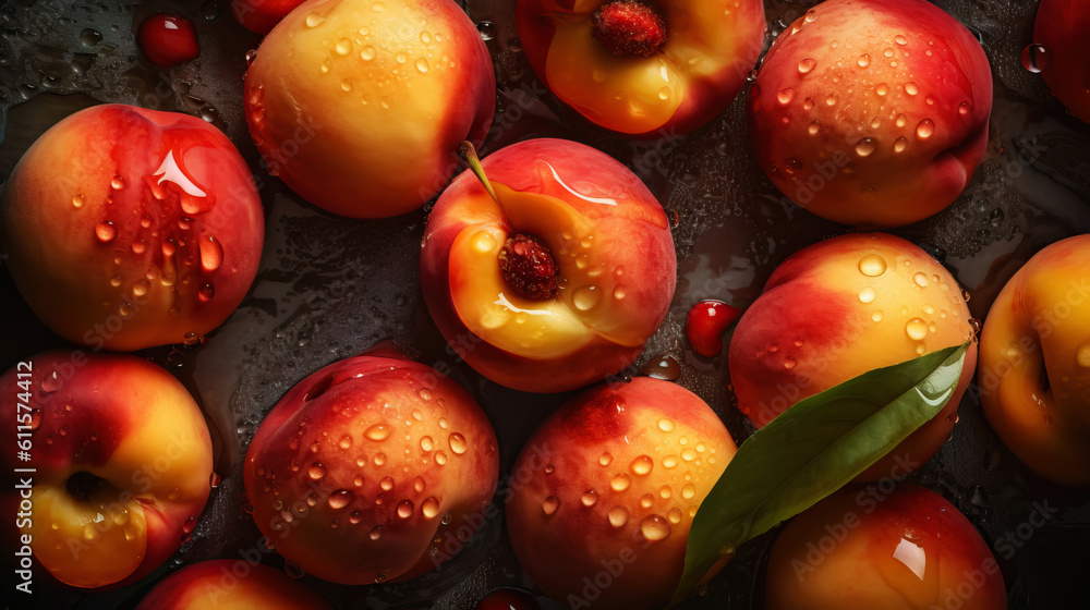 Fresh ripe peaches with water drops background. Fruits backdrop. Generative AI